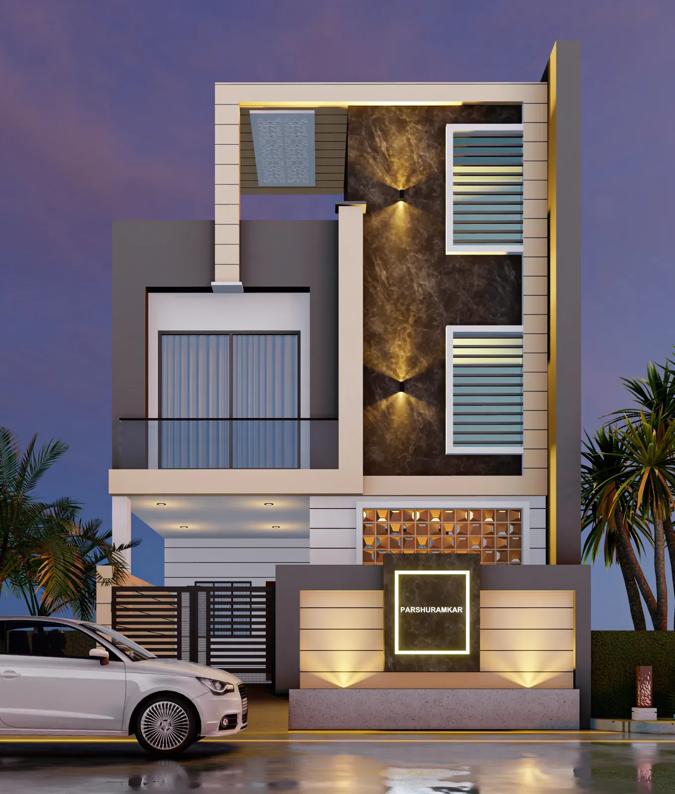 3D elevation of a modern G+2 house at dusk, seen from the front: dark stone feature wall, louvred windows, cream frame with gold trim and warm wall-washer lights