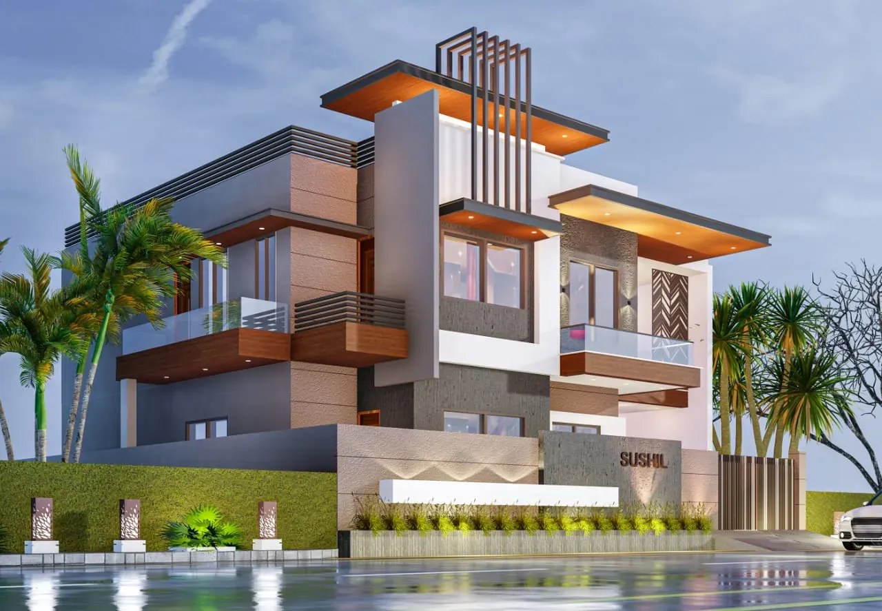 Photo-real 3D front elevation of a two-storey villa