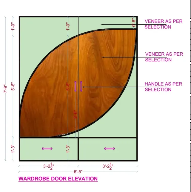 Wardrobe door elevation with a curved veneer inlay and handle details